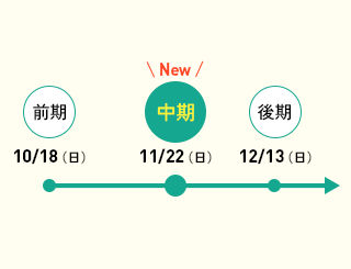 前期；10/18（日）、中期：11/22（日）、後期：12/13（日）