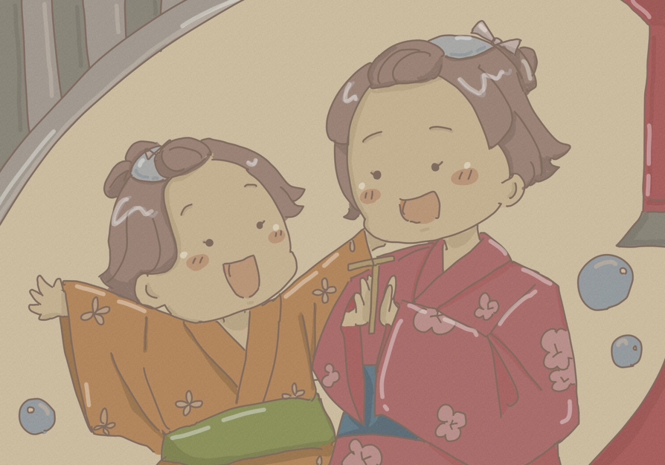 謎解きのイメージキャラクター「江戸時代の姉妹」（イラストを担当したのも神部ゼミの学生）